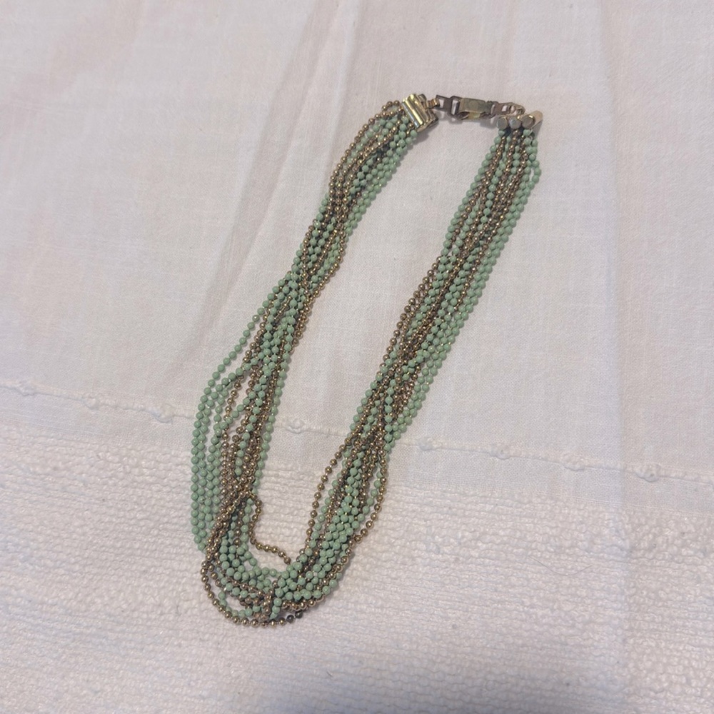 Vintage multi strand necklace , green and gold